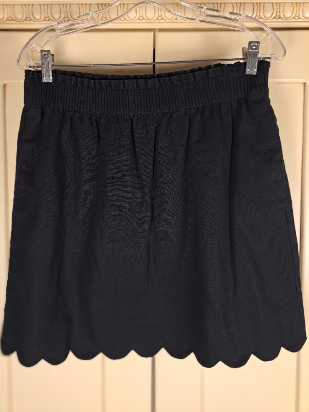 J Crew Factory Black Linen Blend Scallop Hem Pull On Skirt Sz 10